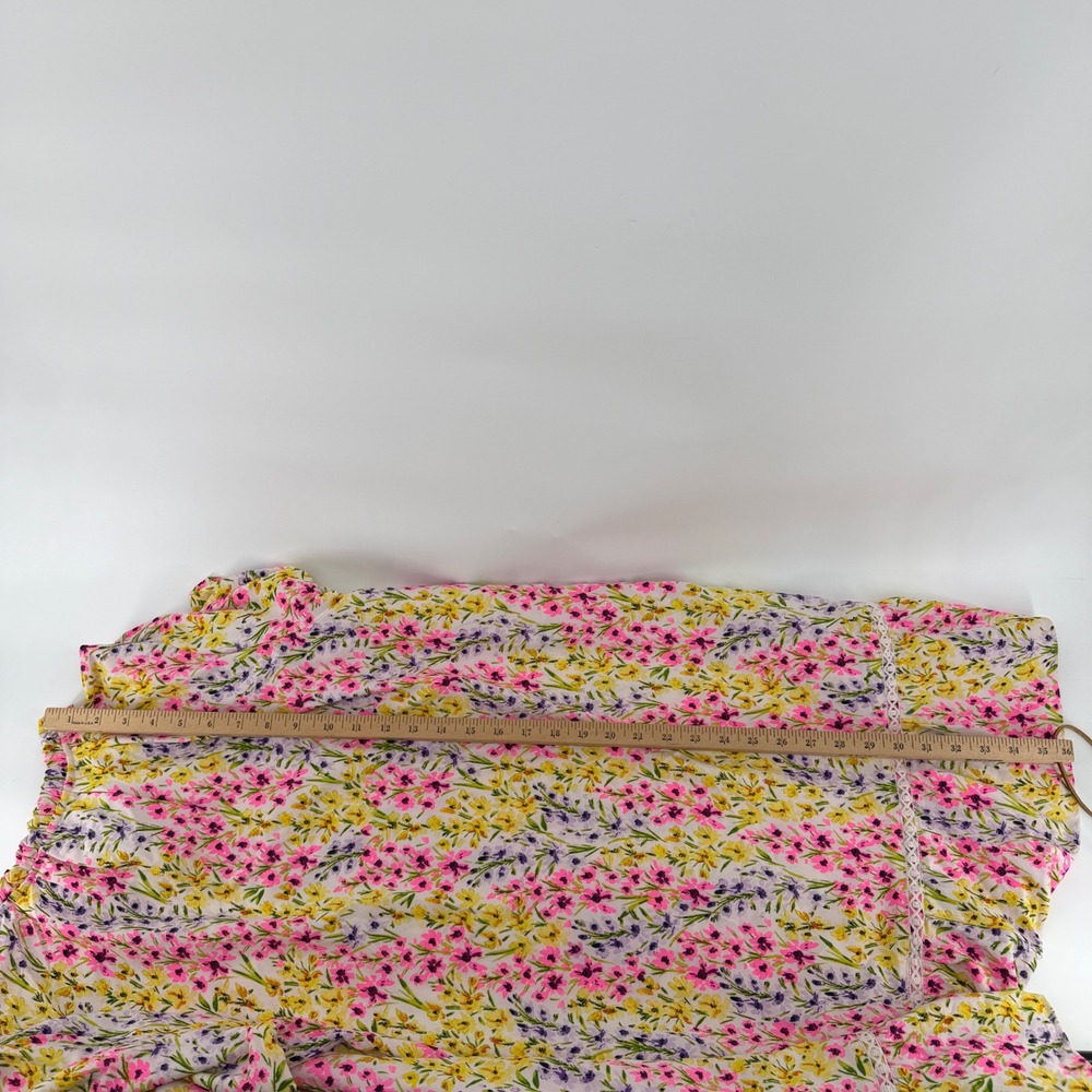 Crown & Ivy Womens 2X Pink Yellow Floral Ruffle Neck Tassel Shift Dress - Picture 7 of 7